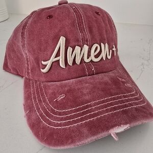 Distressed Dark Red Embroidered Cap with 'Amen' NEW Ashlyn Rose